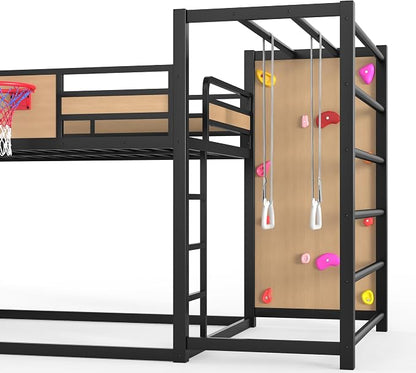 Bellemave Full Size Bunk Bed with Basketball Hoop, Pull-up Rings and Climbing Wall, Full Bunk Bed with Slide and Bookcase, Heavy Duty Bunk Beds with Guardrail, Natural