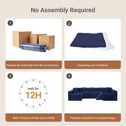 128" U-Shaped Boneless Couch, Modern Sectional Modular Couch with Double Chaise, Deep Seat Boneless Couches for Living Room Bedroom with Pet Stair, No Assembly Required, Blue