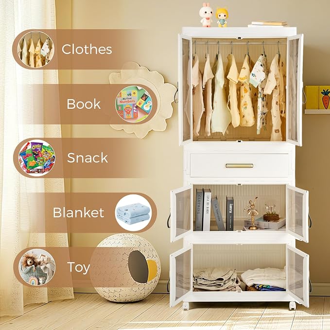 YHB Portable Storage Closet Cabinet, Easy Assembly Wardrobe Organizer with Visualization Doors, Drawers, Hanging Rods, Rolling Wheels for Pet Dog Clothes, Toys