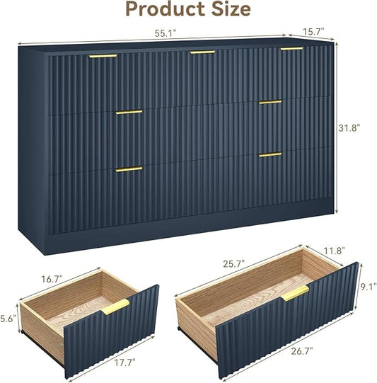 Navy Blue 7 Drawer Dresser for Bedroom, 55" Wide Fluted Chest of Drawers with Gold Metal Handles, Modern Wood Dresser Closet Storage Organizer Mid Century TV Stand for Living Room Hallway