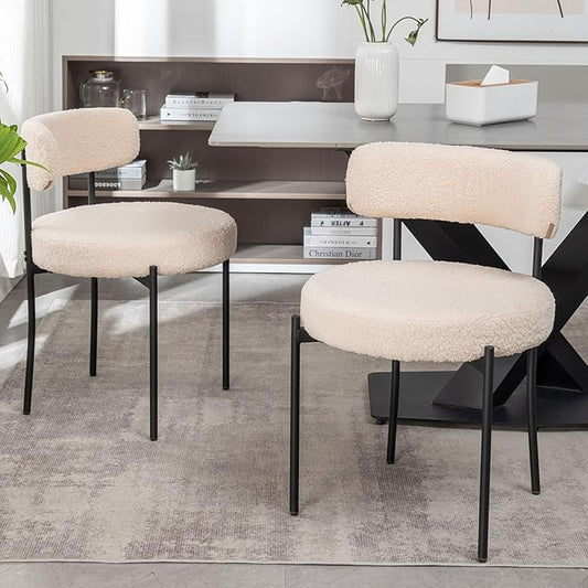 Cinxzar Boucle Dining Chairs Set of 2, Upholstered Dining Room Chairs with Black Metal Legs, Round Modern Dining Chair for Dining Room, Kitchen