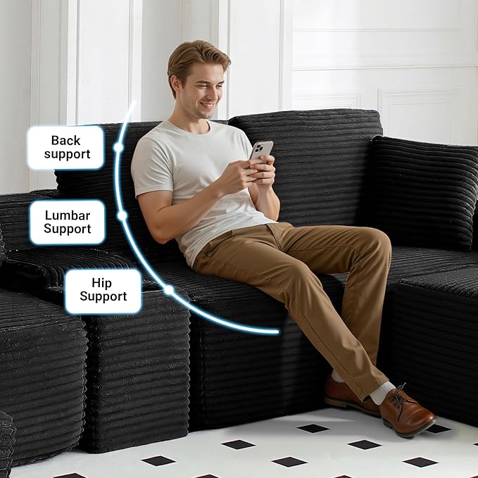 ivoros 111 Inch Modular Sectional Sofa Couch, Oversized Modern Cloud Couch for Living Room, L Shape Couches with Ottomans, USB Ports and Cup Holders, Black Corduroy Boneless Sofas, Sofa in a Box
