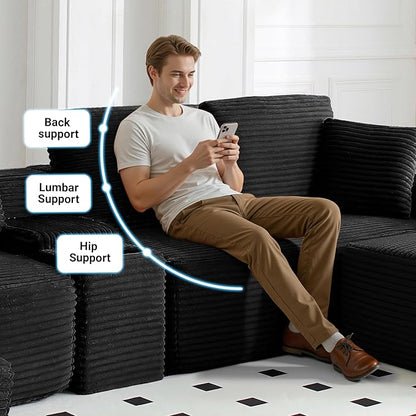 ivoros 111 Inch Modular Sectional Sofa Couch, Oversized Modern Cloud Couch for Living Room, L Shape Couches with Ottomans, USB Ports and Cup Holders, Black Corduroy Boneless Sofas, Sofa in a Box
