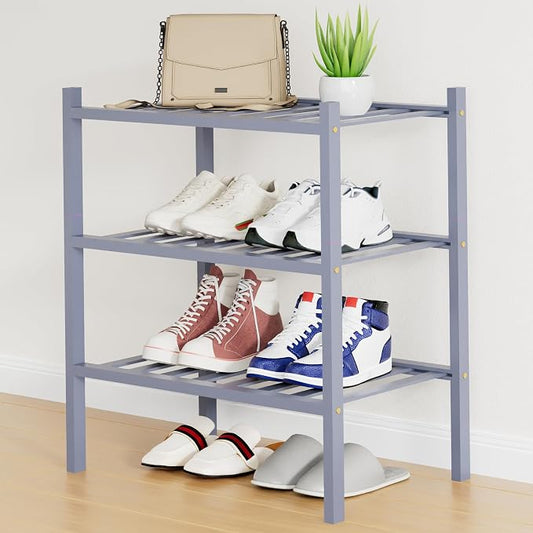 Smiry Small Bamboo Shoe Rack, 3 Tier Free Standing Wooden Shoe Organizer, Stackable Wood Shoe Storage Shelf for Closet, Entryway, 12 Vertical Slats, 2+1 Stack Standard Legs, 17.3"x11"x19.5", Grey