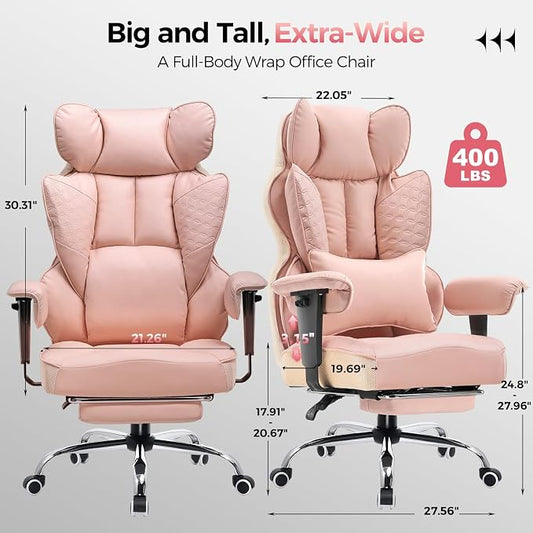 GTPLAYER Big and Tall Gaming Chair 400lbs Heavy Duty Office Chair with Foot Rest & Ergonomic Pocket Spring Lumbar Support, High Back 3D Saddle Shaped Cushion for Back Pain Relief, Pink