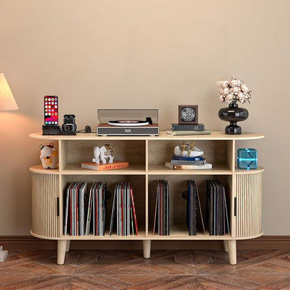 LUVIOHOME Large Round Record Player Stand with Charging Station & USB Ports，Record Storage Cabinet, Mid Century Modern Turntable Stand for Bedroom Living Room (Oak)