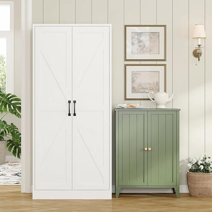 RAVIGIN Farmhouse Storage Cabinet,61" H Metal Pantry Cabinet with Barn Doors and Adjustable Shelves,61" H 4-Tier Rustic Pantry Organizers for Kitchen,Dining Room,White