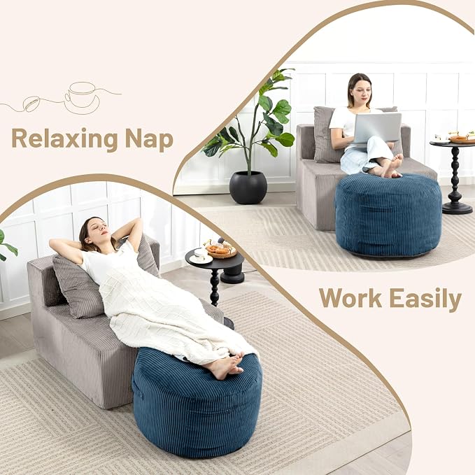 Round Stuffed Pouf Ottoman,Corduroy Foot Rest with Rebound Foam Filled, Furry and Fluffy Foot Stool Ottoman, Floor Poufs for Living Room (Blue, 20" D x 20" W x 15" H)