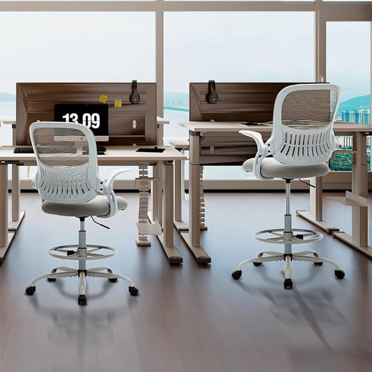 Sweetcrispy Tall Drafting Office Desk Chair - Ergonomic High Stool Computer Chair with Adjustable Height and Comfy Lumbar Support, Rolling Counter Height with Flip-up Arm and Footrest, Grey