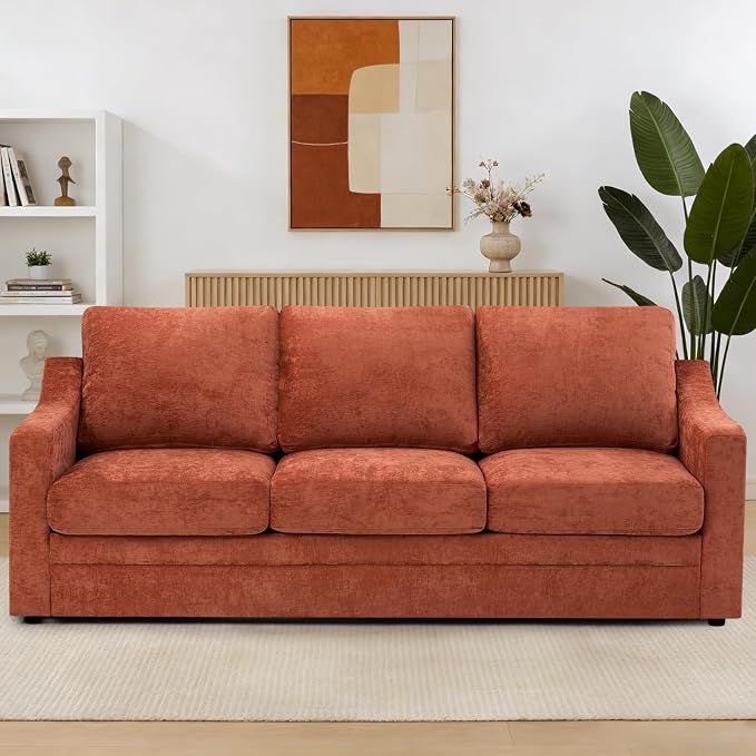 83” Chenille 3 Seats Sofa w/Comfortable Back Cushions, Orange | Modern Couch w/Deep Seat Space, Upholstered 6 Seater Sofa w/High Resiliency Foam for Living Room