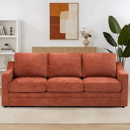 83” Chenille 3 Seats Sofa w/Comfortable Back Cushions, Orange | Modern Couch w/Deep Seat Space, Upholstered 6 Seater Sofa w/High Resiliency Foam for Living Room