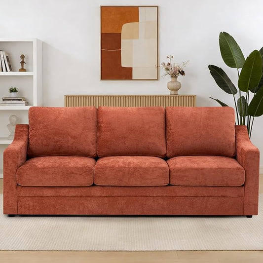 83” Chenille 3 Seats Sofa w/Comfortable Back Cushions, Orange | Modern Couch w/Deep Seat Space, Upholstered 6 Seater Sofa w/High Resiliency Foam for Living Room
