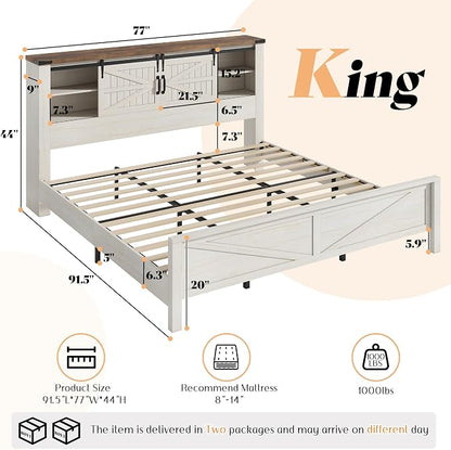 AMERLIFE 4-Piece Farmhouse Bedroom Set in Distressed White, King Size Bed Frame with Bookcase Headboard, 5-Drawer Tall Dresser, 47'' Dresser with 4 Drawers, 60" Dresser with 4 Drawers