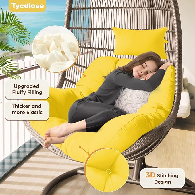 Outdoor Hanging Egg Chair Cushion Replacement, Thicken Egg Chair Cushion Waterproof Basket Eggs Chairs Cushion with Headrest Pillow, U-Shaped Cushions for Hanging Eggs Chairs Swing (Yellow)
