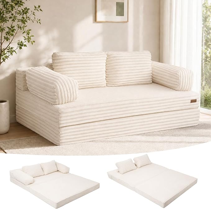 MeMoreCool Convertible Sofa Bed, Folding Floor Couch Bed Queen, Pull Out Sleeper Couch with Pillows, Fold Out Futon Sofa for Bedroom Living Room Small Space, Corduroy Beige