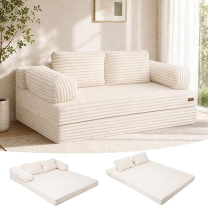 MeMoreCool Convertible Sofa Bed, Folding Floor Couch Bed Queen, Pull Out Sleeper Couch with Pillows, Fold Out Futon Sofa for Bedroom Living Room Small Space, Corduroy Beige