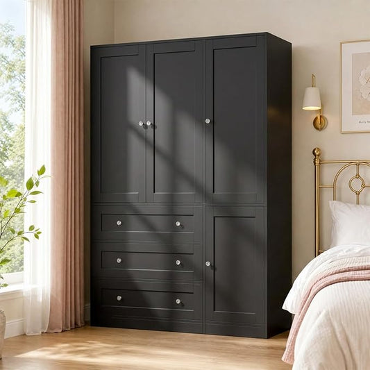 Garvee 71" Storage Cabinet Closet with 3 Drawers, Large Modern Storage Cabinet, 4 Door Wooden Bedroom Cabinet with Shelves, Black