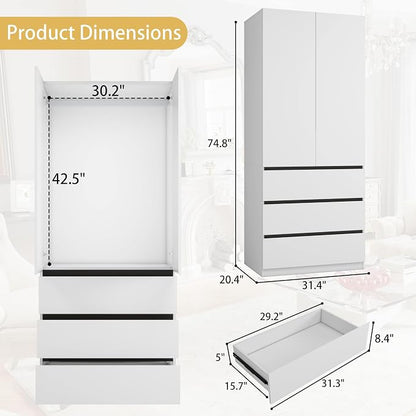 Bedroom Armoire Wardrobe Closet with 6 Drawers: White Wardrobe Closet with 4 Doors, Modern Cabinet for Clothes with Shelves, Wooden Armoire for Hanging Clothes (Modern, 2)