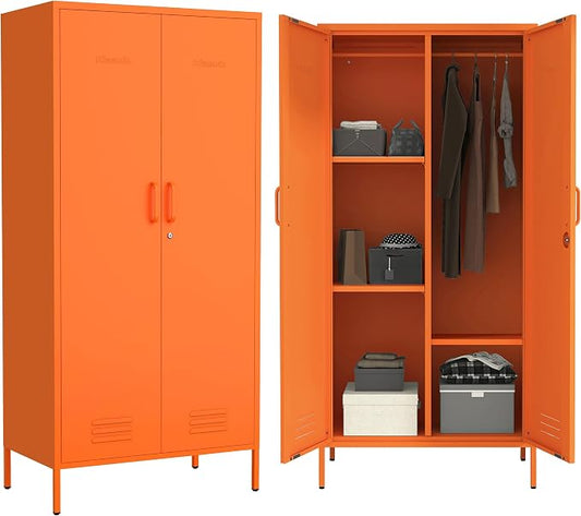 Industrial 67" Orange Lockable Metal 2-Door Storage Cabinet, Multi-Purpose Wardrobe with Hanging Rod & Adjustable Shelves, Heavy Duty for Bedroom, Garage, Home Office 67"H X 31.5"W X 18.1"D