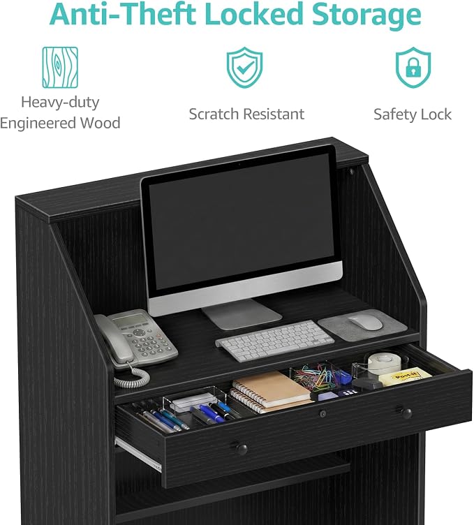 Small Black Reception Desk with Counter and Lock & Drawer for Salon 31.5 Inch Front Table Modern Standing Receptionist Room Tables Checkout Counter for Retail Store, Spa, Office
