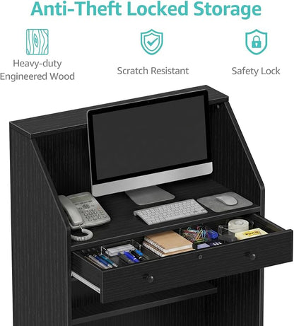 Small Black Reception Desk with Counter and Lock & Drawer for Salon 31.5 Inch Front Table Modern Standing Receptionist Room Tables Checkout Counter for Retail Store, Spa, Office