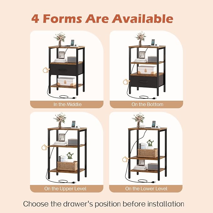 SUPERJARE Nightstand Set of 2, Bed Side Tables with Charging Station, Adjustable Fabric Drawer, Night Stand for Bedroom, 3-Tier Storage End Tables, for Living Room, Rustic Brown and Black