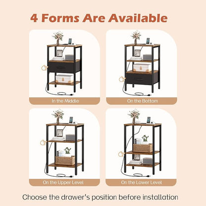 SUPERJARE Nightstand Set of 2, Bed Side Tables with Charging Station, Adjustable Fabric Drawer, Night Stand for Bedroom, 3-Tier Storage End Tables, for Living Room, Rustic Brown and Black