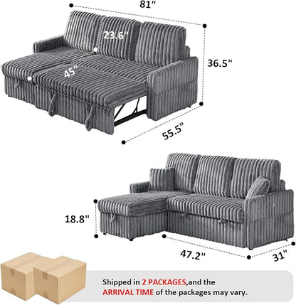 KCGKCG Sleeper Sofa Bed, 81” Pull Out Couch Bed with Reversible Storage Chaise, 3 in 1 L-Shaped Couch with Charging Station, Cup Holder, Side Pocket, Plush Corduroy Couches for Living Room(Light Grey)