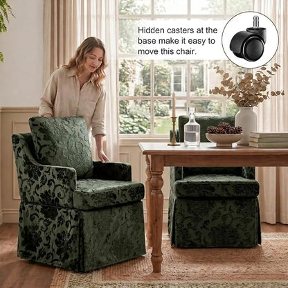UVV Upholstered Dining Chairs Set of 2, Modern Jacquard Kitchen Chair Dining Room Chair with 4 Casters, Linen Armchair for Bedroom Reading Room Living Room, Dark Green