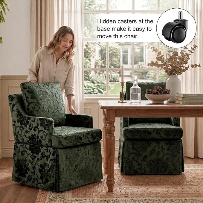 UVV Upholstered Dining Chairs Set of 4, Modern Jacquard Kitchen Chair Dining Room Chair with 4 Casters, Linen Armchair for Bedroom Reading Room Living Room, Dark Green