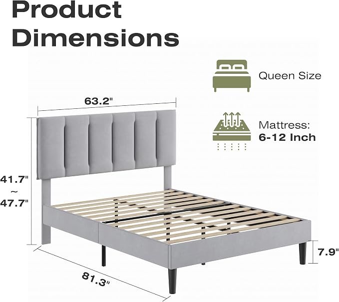 VECELO Queen Size Bed Frame with Upholstered Headboard, Heavy-Duty Bedframe with Strong Wooden Slats Support, No Boxing Spring Needed, Light Grey