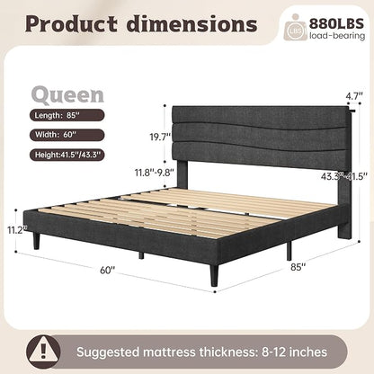 EnHomee Queen Bed Frame with Adjustable Height Upholstered Headboard, Charging Stations, Noise-Free Platform Bed,No Box Spring Needed, Easy Assembly,Grey