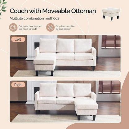 VINGLI 68.5' L Shaped Couch with Movable Storage Ottoman, Convertible Sectional Sofa in Soft Corduroy Fabric, Modern Reversible Chaise Couch for Small Spaces, Apartment, Living Room，Cream White
