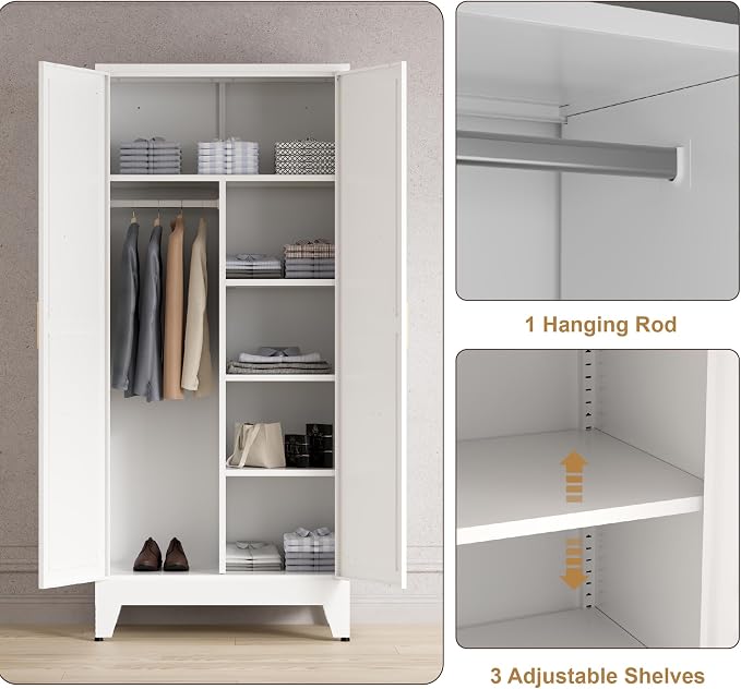 Washsemba 71'' Farmhouse Metal Wardrobe Cabinet with Hanging Rod, 2 Barn Door Wardrobe Closet with 5 Adjustable Shelves,Drawer,for Dining Room,Bedroom,Living Room, Cloak Room,Office (White)