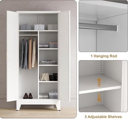 Washsemba 71'' Farmhouse Metal Wardrobe Cabinet with Hanging Rod, 2 Barn Door Wardrobe Closet with 5 Adjustable Shelves,Drawer,for Dining Room,Bedroom,Living Room, Cloak Room,Office (White)