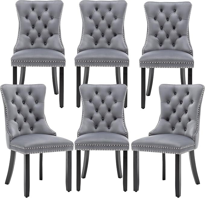 Mid Century Modern Dining Chair Set of 6 Velvet Upholstered Dining Accent Chair Farmhouse Dining Chairs with High Back and Nailhead Trim for Kitchen, Living Room, Bedroom (Gray)