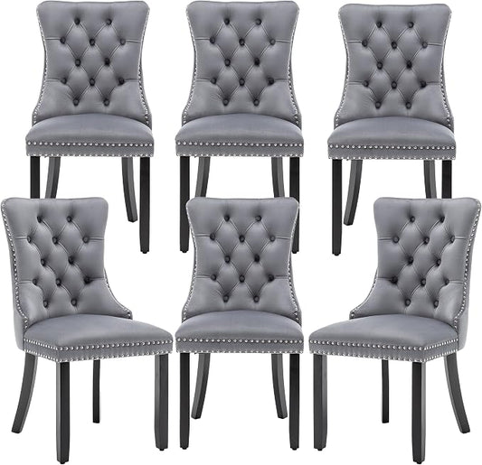 Mid Century Modern Dining Chair Set of 6 Velvet Upholstered Dining Accent Chair Farmhouse Dining Chairs with High Back and Nailhead Trim for Kitchen, Living Room, Bedroom (Gray)