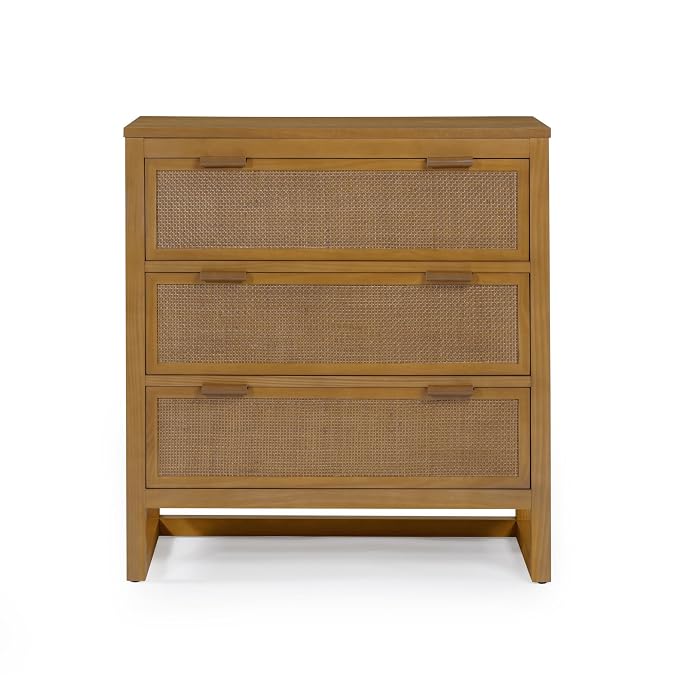 Teamson Home Hatteras 30'' W 3-Drawer Dresser with Rattan Inset Panels, Solid Pine Wood Frame and Acacia Veneer Plus Anti-Tip Kit Included, Coastal Modern Style, Natural Finish | Rattan Inset Panels, Solid Pine Wood Frame, Acacia Veneer, Anti-Tip Kit I...