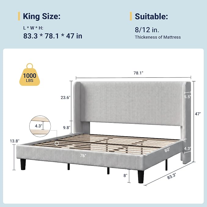 Allewie King Size Bed Frame with Upholstered Wingback Headboard, Vertical Channel Tufted Corduroy Velvet Platform Bed, Strong Wooden Slats Support, No Box Spring Needed, Easy Assembly, Light Grey