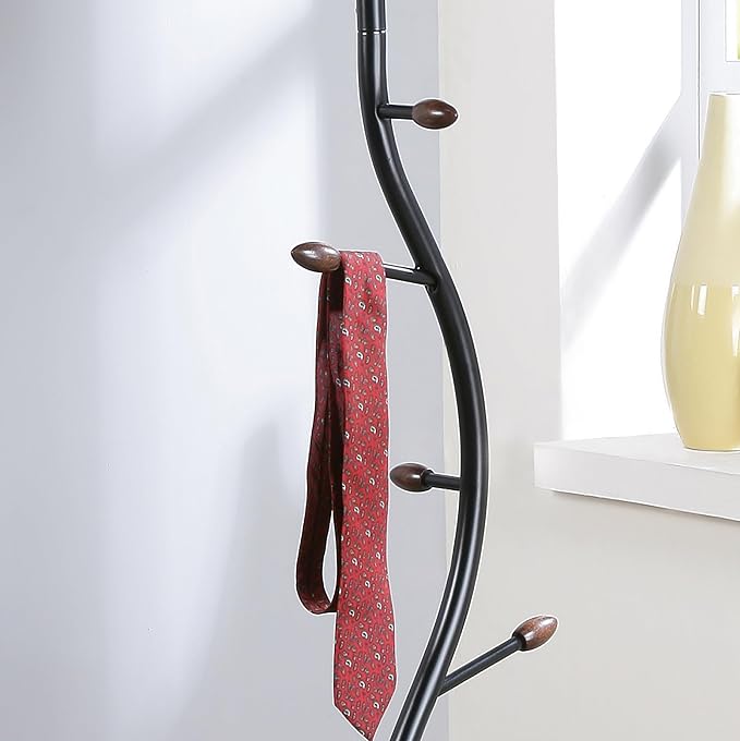 Roundhill Furniture Arles Metal Black and Walnut Standing Coat Rack
