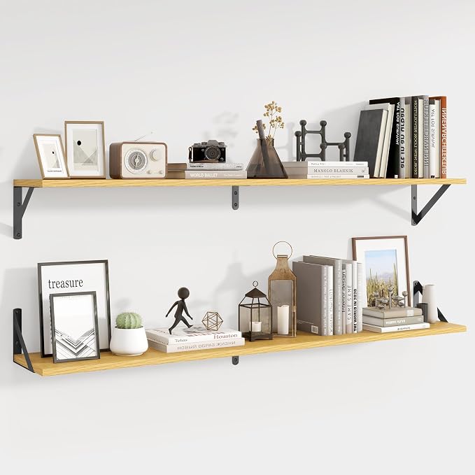 Axeman 48'' x 8'' Oak Floating Shelves for Wall with Brackets Set of 2 | 48 Inch Oak Book Shelf for Living Room Bedroom, Includes Mounting Hardware, Holds up to 45Lbs