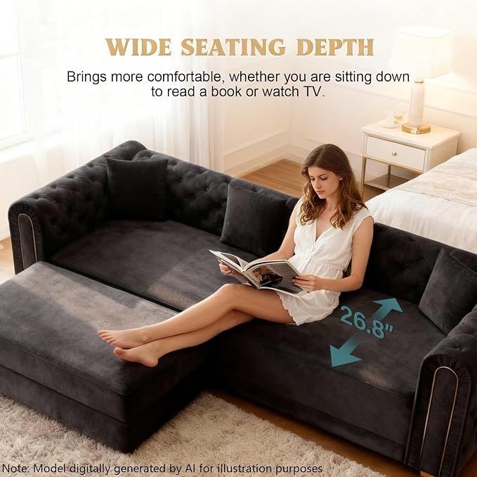 90.6'' Futon Sofa Bed, Chesterfield Velvet Sleeper Sofa, Convertible Floor L-Shaped Couch, Tufted Back, 4 Pillows, Gold Edge Trim, Deep Loveseat Couches for Living Room, Apartment, Gold Black