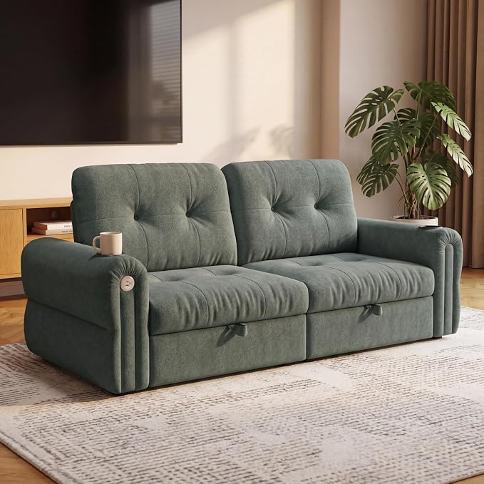 Convertible Couches, Queen Size Pull Out Sofa Bed with USB Charging Port and Cup Holders, Plannelette Fabric Convertible Sofa Bed for Small Space, Living Room, Apartment, Guest Room, Green
