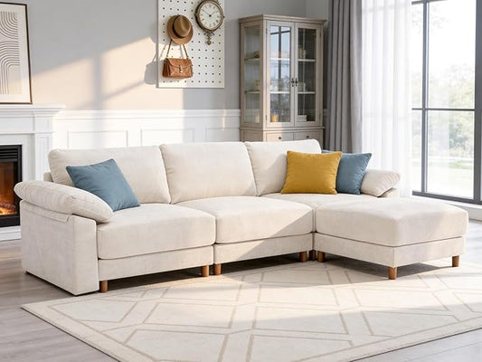 Oversized L Shaped Sectional Couch for Living Room, Extra Large Deep Seat Modular Sectional Sofa with Washable Covers, Modern Cloud Couch for Apartment, Bedroom (Beige, L Shape 4 Seat)
