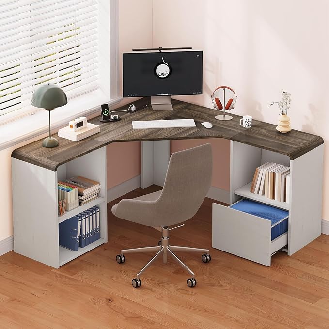 L Shaped Desk with Power Outlets & USB C Port, 59'' Reversible L-Shaped Computer Desk with File Drawer for Letter Legal Size, Corner Office Desk with Storage Shelves, Rounded Corners, White