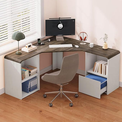 L Shaped Desk with Power Outlets & USB C Port, 59'' Reversible L-Shaped Computer Desk with File Drawer for Letter Legal Size, Corner Office Desk with Storage Shelves, Rounded Corners, White