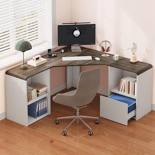 L Shaped Desk with Power Outlets & USB C Port, 59'' Reversible L-Shaped Computer Desk with File Drawer for Letter Legal Size, Corner Office Desk with Storage Shelves, Rounded Corners, White