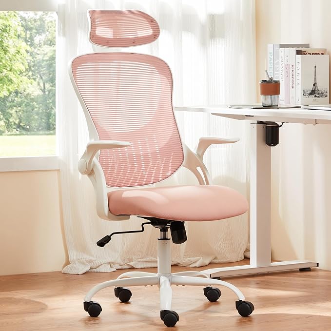 Ergonomic Office Chair, Comfy Desk Chair with Wheels, Adjustable Headrests, Flip-Up Armrests, Breathable Mesh High-Back, Comfortable Swivel Seating for Home Computer, Pink