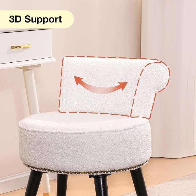 Vanity Chair with Back, Sherpa Stool with Tufted Low Backrest & Gold Nailhead Trim, Round Vanity Seat for Bedroom and Bathroom Makeup, Support 220lbs, Easy Assembly (Teddy White)