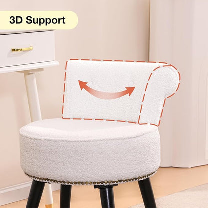 Vanity Chair with Back, Sherpa Stool with Tufted Low Backrest & Gold Nailhead Trim, Round Vanity Seat for Bedroom and Bathroom Makeup, Support 220lbs, Easy Assembly (Teddy White)